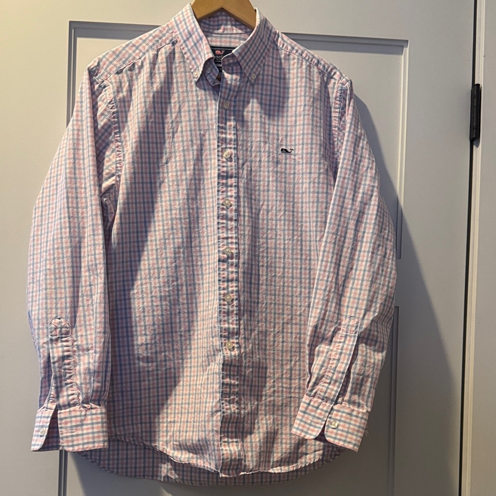 Vineyard Vines Pink and Blue Plaid Men's Whale shirt